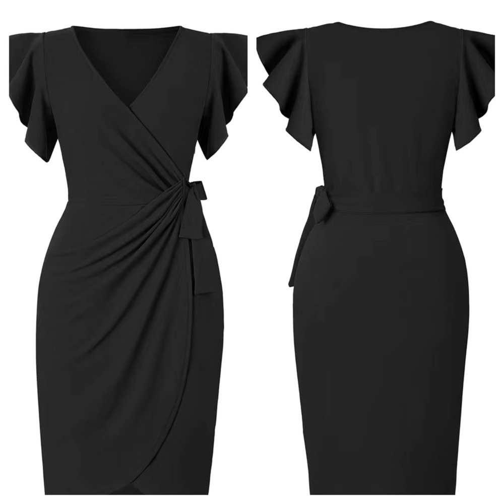 Black Ruffle Sleeve V Neck Wrap Bodycon Dress - Picture 2 of 4